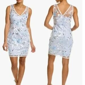 Adrianna Papell Embroidered V-Neck Sleeveless Blue Sheath Dress - Size 8